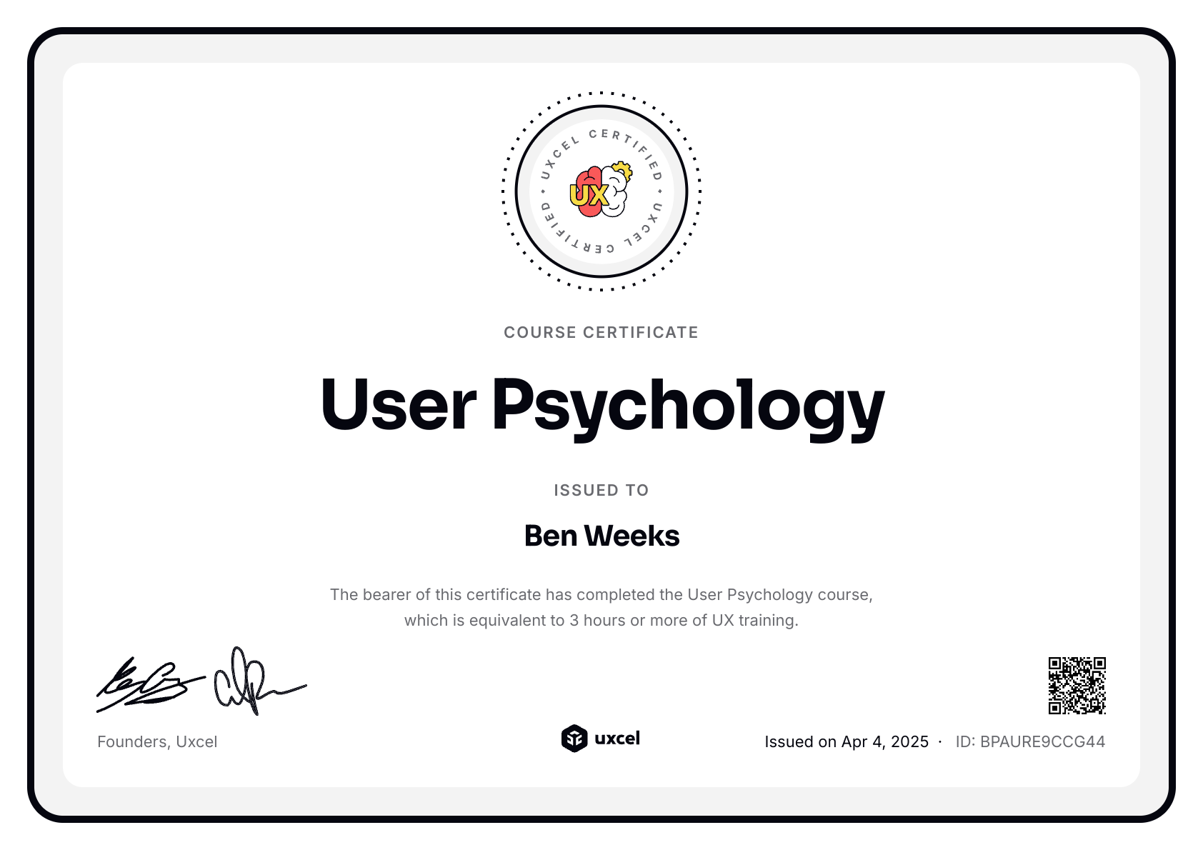 Ben Weeks's certificate